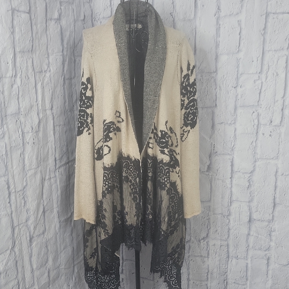 Simply Couture Lace Trim Open Front Black/Cream Cardigan Small